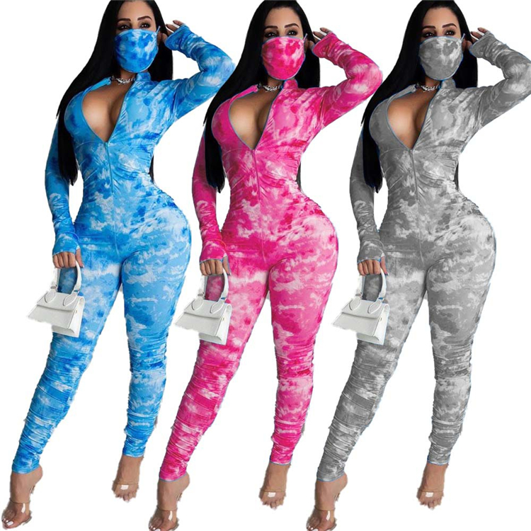 C6210 long sleeve jumpsuit women yoga pants leggings tye dye jumpsuit