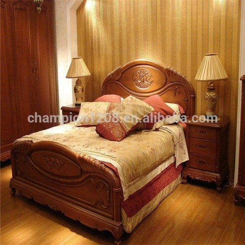 Orient retro carving solid wood bedroom furniture set, bed and night table