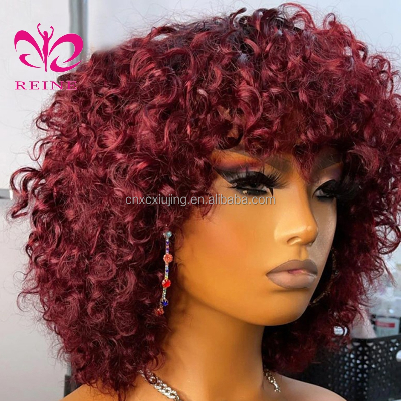 99J Short Bob Curly Wig for Women Burgundy Colored Bouncy Curly Human Hair Wigs with Bangs Full Machine Made Brazilian Remy Hair