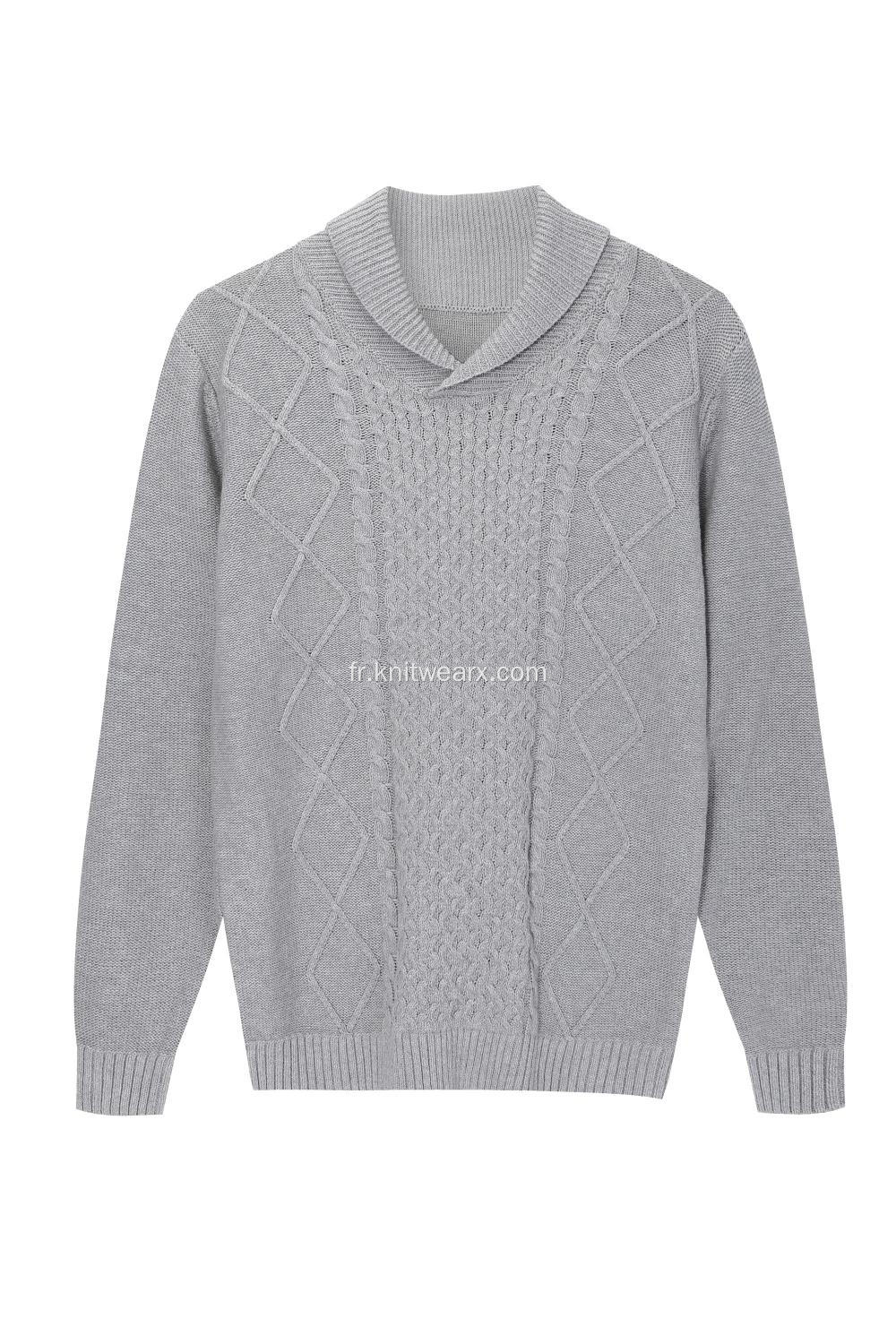 Pull tricoté à col châle devant torsadé pour hommes