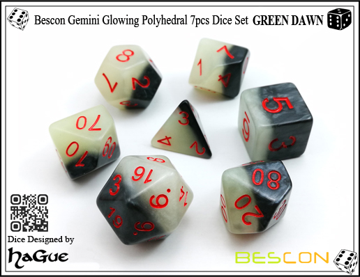Bescon Gemini Glowing Polyhedral 7pcs Conjunto de Dados VERDE DAWN-1 Bescon Gemini Glowing Polyhedral 7pcs Dice Set GREEN DAWN-1