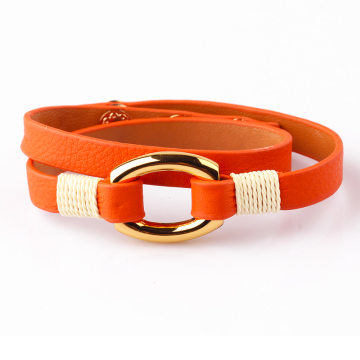Fashion Orange Color Real Leather Adjustable Layers Bangle Bracelet With Custom Logo
