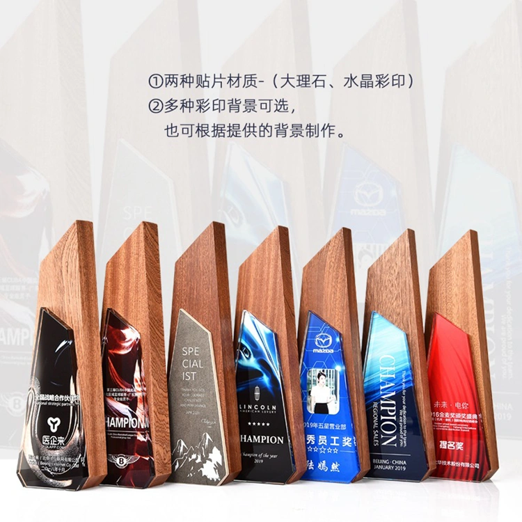 Customized Color Print Design Wooden Plaque Trophy and Crystal Obelisk Award Block Wood