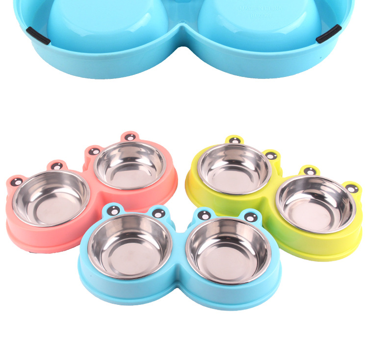 Pet Bowl Feeder Stainless Steel Dog Two-in-one Cartoon Frog Non-slip Pet Double