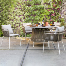 Rope Braided Chair with Metal Frame and Wood Surface for Outdoor Hotel Garden Coffee Shop Parties