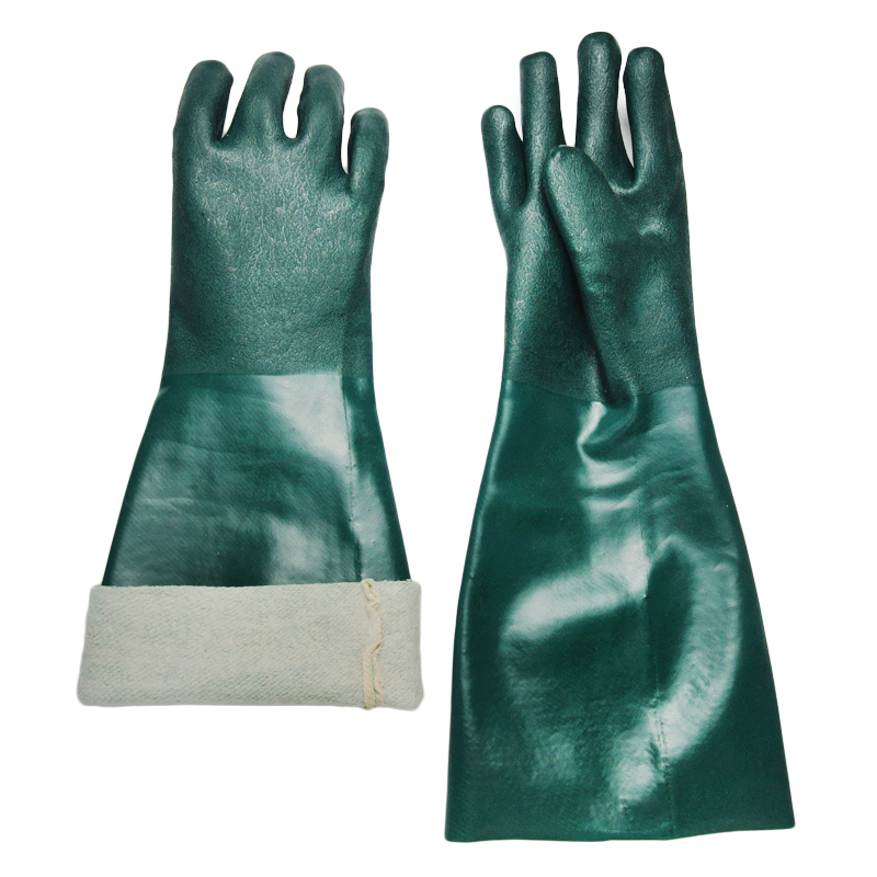 Grüne PVC-Dip-Jersey-Baumwoll-Alkali-resistente Handschuhe