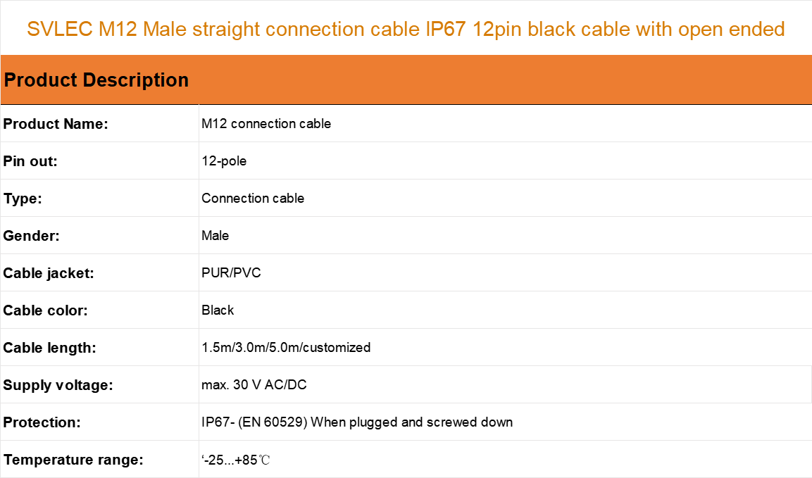 M12 Male straight connection cable