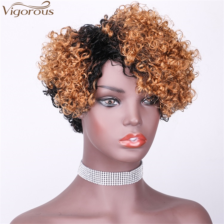Vigorous Top Quality Ombre Black Roots To Brown Afro Kinky Curly Wigs for Black Women Short Side Part Human Hair Wholesale Price