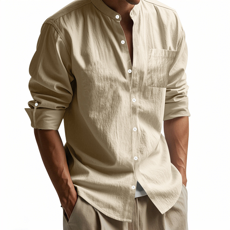 Весенне-осенняя льняная рубашка-стойка с бисером Spring Autumn Linen Beaded Stand Shirt