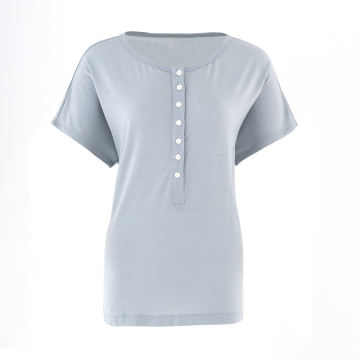 Ladies Slim Fit Merino Wool Henley Short Sleeve T-Shirt
