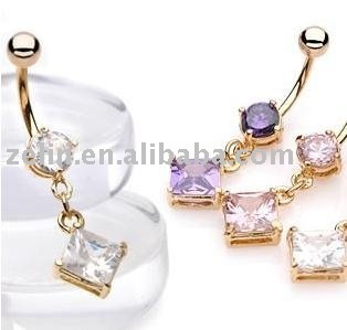 gold plated cz dangling gem belly ring,body piercing jewelry
