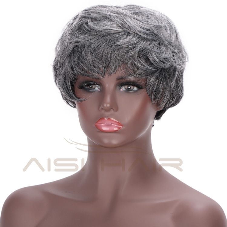 Aisi Hair Synthetic Ombre Grey Hair Bob Style Short Wigs for Women Black Cosplay Short Wigs with Neat Bangs