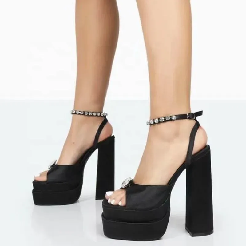 Red Sparkly Heeled Sandals with Rhinestone Straps