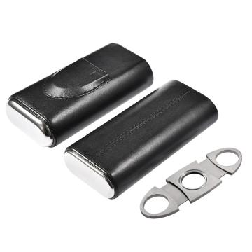 Portable Leather Cigar Case Holder Black Homidor Cigar Case Mini Travel Humidor With Cigar Cutter