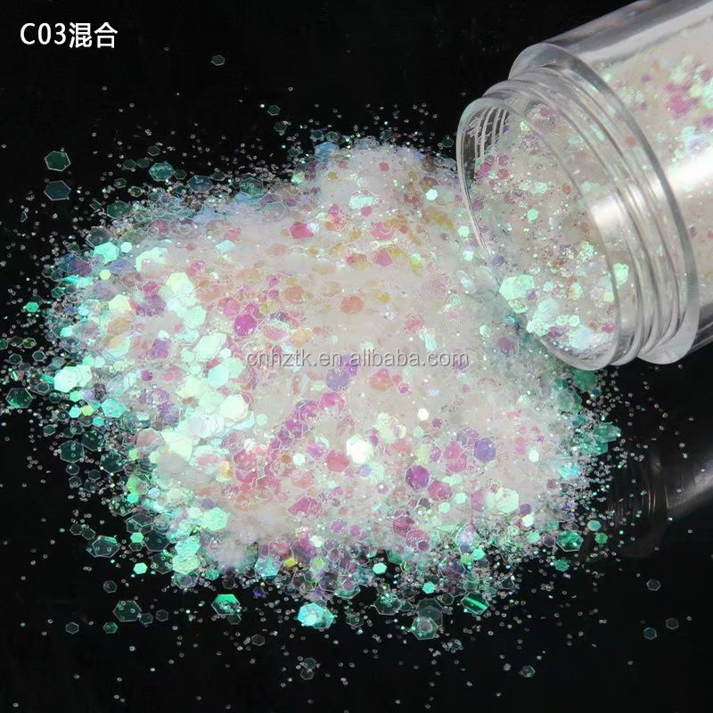 Iridescent and holographic Chunky glitters  for cosmetics, make up, nail art, decoration all festivals,craft, toys etc