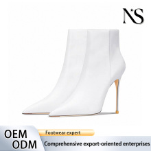 White Leather Stiletto Heel Pointed Toe Ankle Boots