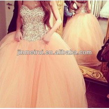 Photo réelle Gorgeous Sparkle Fully Rhinestone Bodice Peach Puffy Tulle Debutante Balls Gowns Engagement Robe de bal 2014