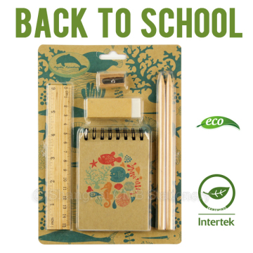 Eco back to school stationary with ruler pencil eraser sharpener and notebook