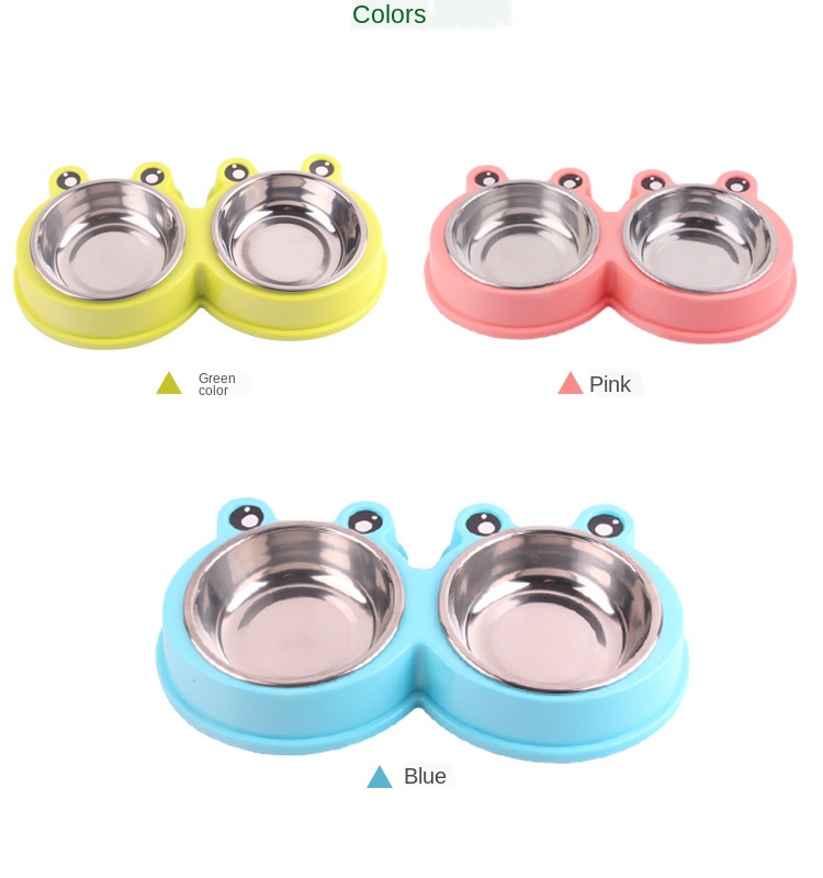 Pet Bowl Feeder Stainless Steel Dog Two-in-one Cartoon Frog Non-slip Pet Double