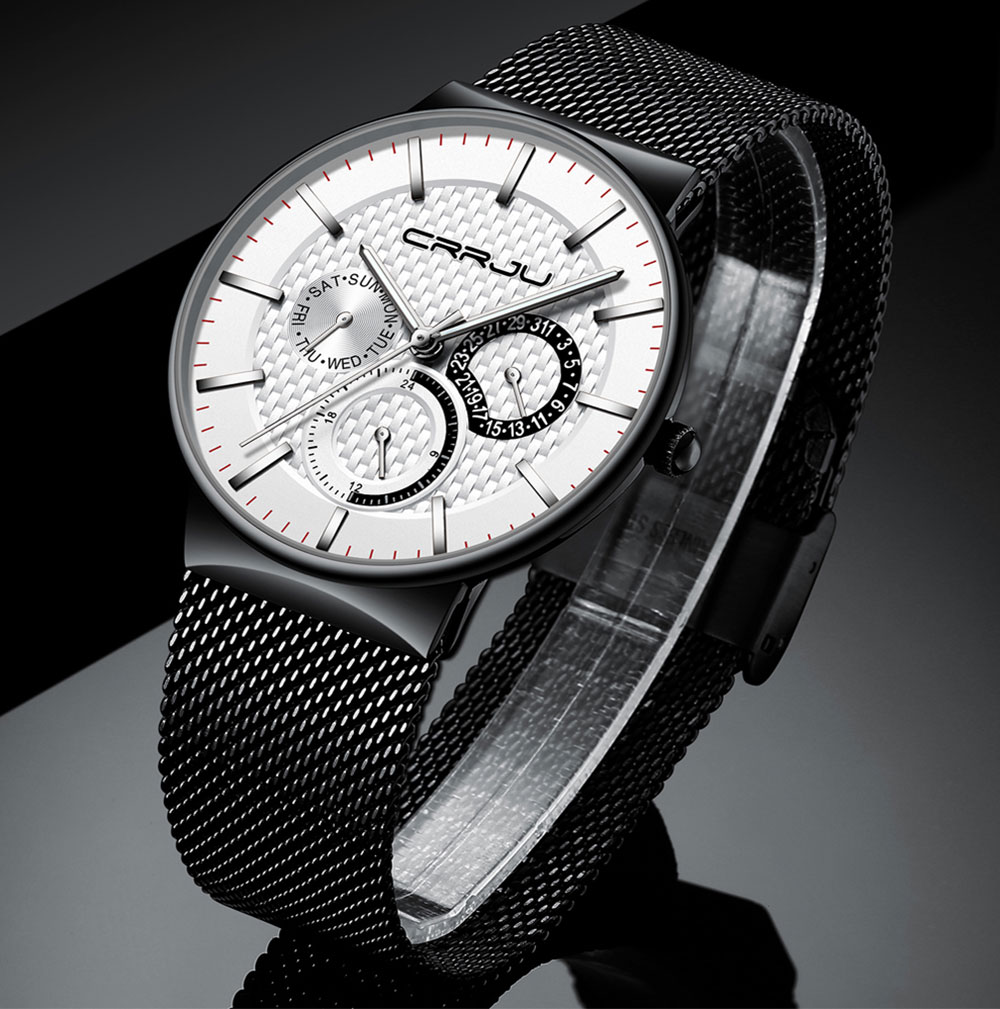 CRRJU Top Brand Luxury Waterproof Ultra Thin Date Watch Mens Watch Steel Strap Casual Quartz Watch White Sport WristWatch