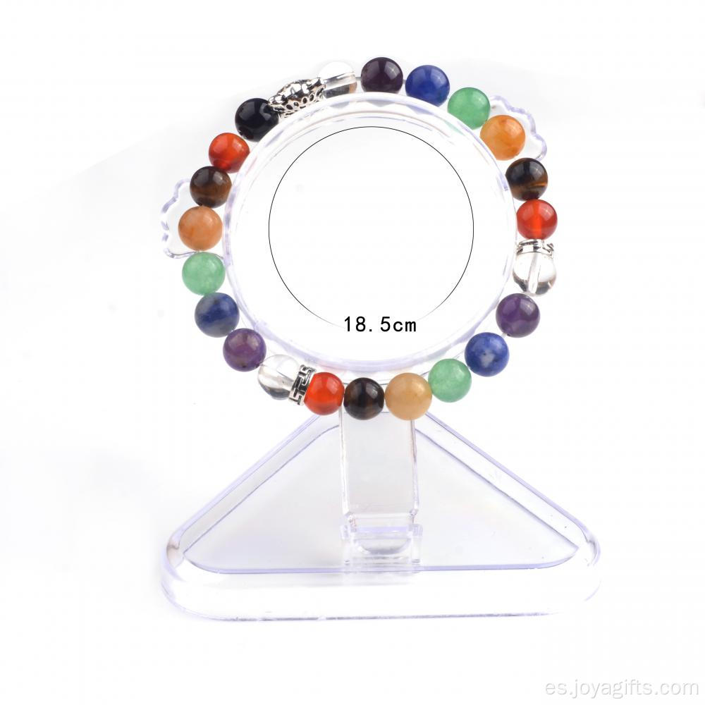 Moda caliente 7 Chakra 8MM piedra redonda abalorios pulsera elástica con Leapard cabeza