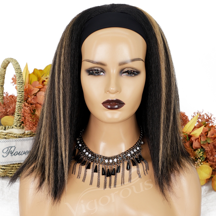 Hot Vendor Natural Hair Headband Wig Highlight Blonde Yaki Curly Synthetic Hair Women's Wigs Machine Made Glueless None Lace Wig