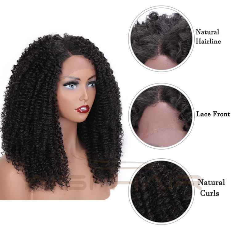 Aisi Hair Cheap Wholesale Shoulder Length Fluffy Black Kinky Curly Side Part Synthetic Hair For Black Women Lace Front Wig