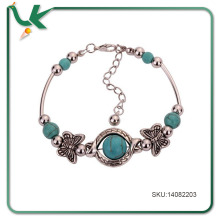 Tibetan Silver Rimous Green Turquoise Inlay Butterfly Bead Bangle Bracelet