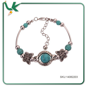 Tibetan Silver Rimous Green Turquoise Inlay Butterfly Bead Bangle Bracelet