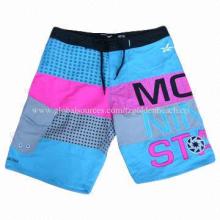 Beach shorts, polyester microfiber, cutting and sewing, printing, embroidery