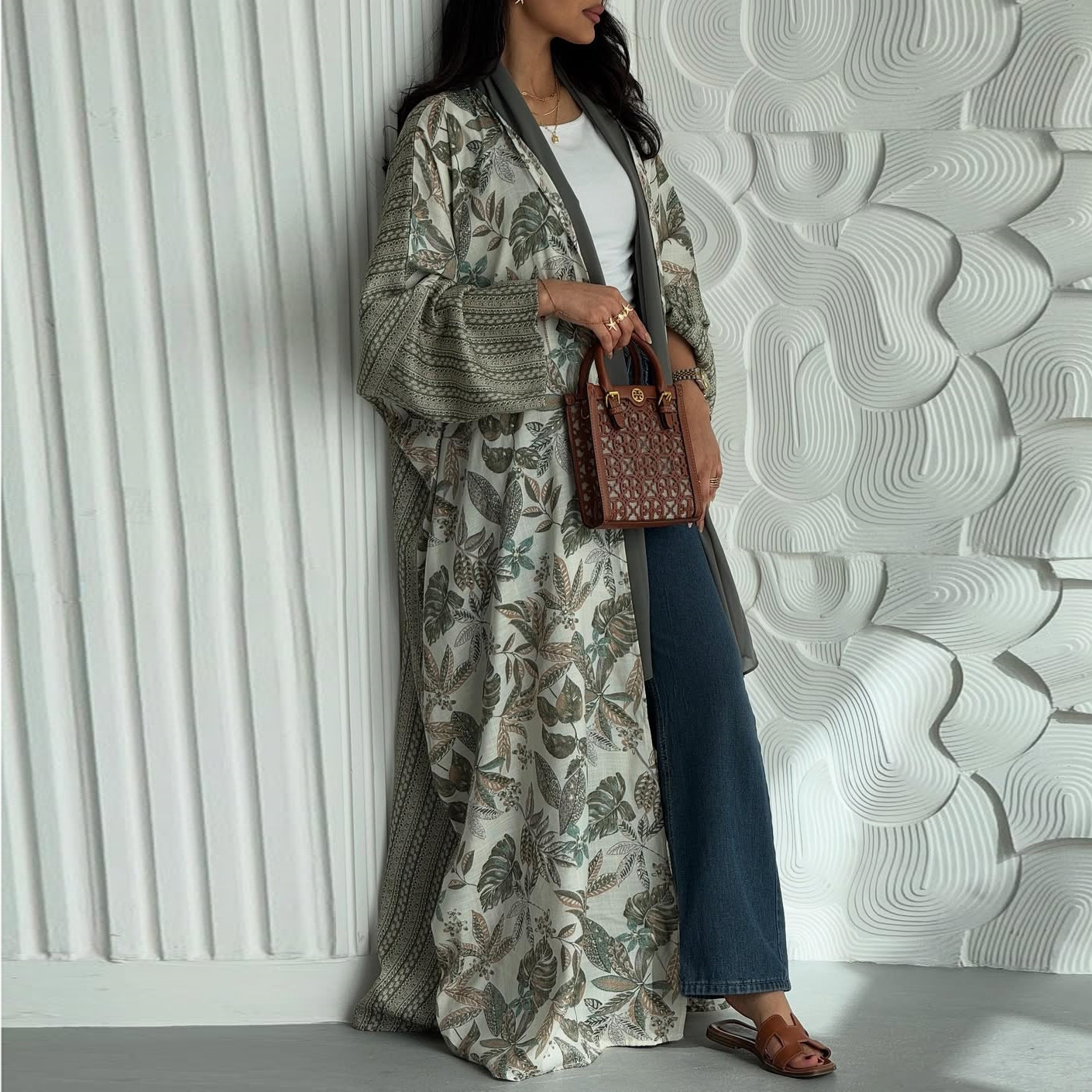ژاکت کش باف پشمی باز با چاپ گل (6) Floral Print Open Abaya Cardigan