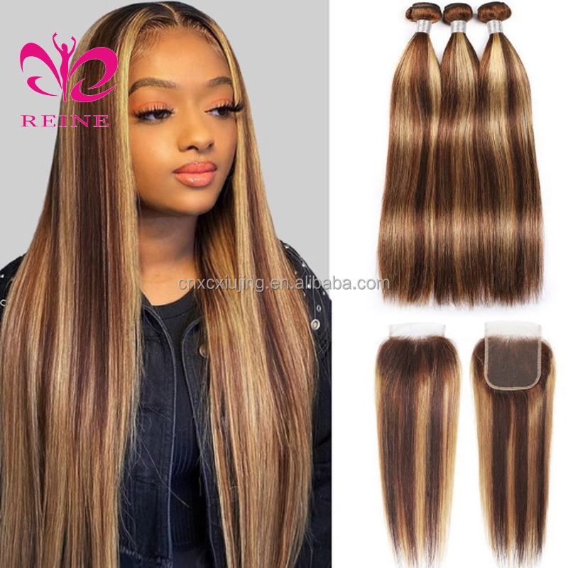 REINE Highlight Bundles With Closure Brazilian Body Wave Bundles With Closure Brown Remy Human Hair Bundles With Closure