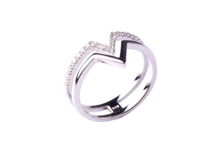 New Designs Wholesale Silver CZ Jewelry Double V Shape Finger Ring