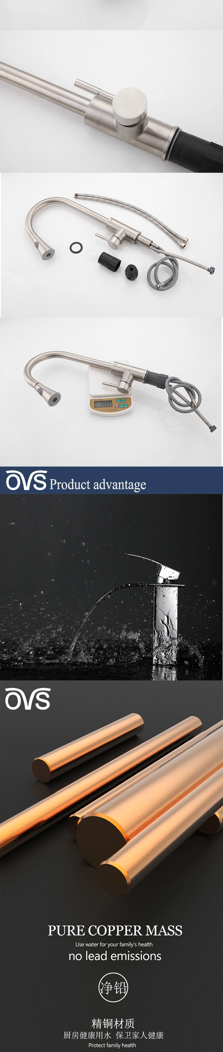 Ovs Contemporary Style 304 Stainless Steel Pull out Kitchen Faucet with Flexible Hose