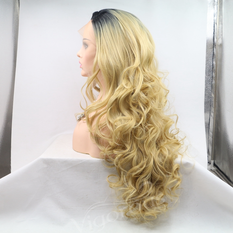 Vigorous ombre gold long premium high quality straight wave wholesale black women synthetic hair wigs with lace front