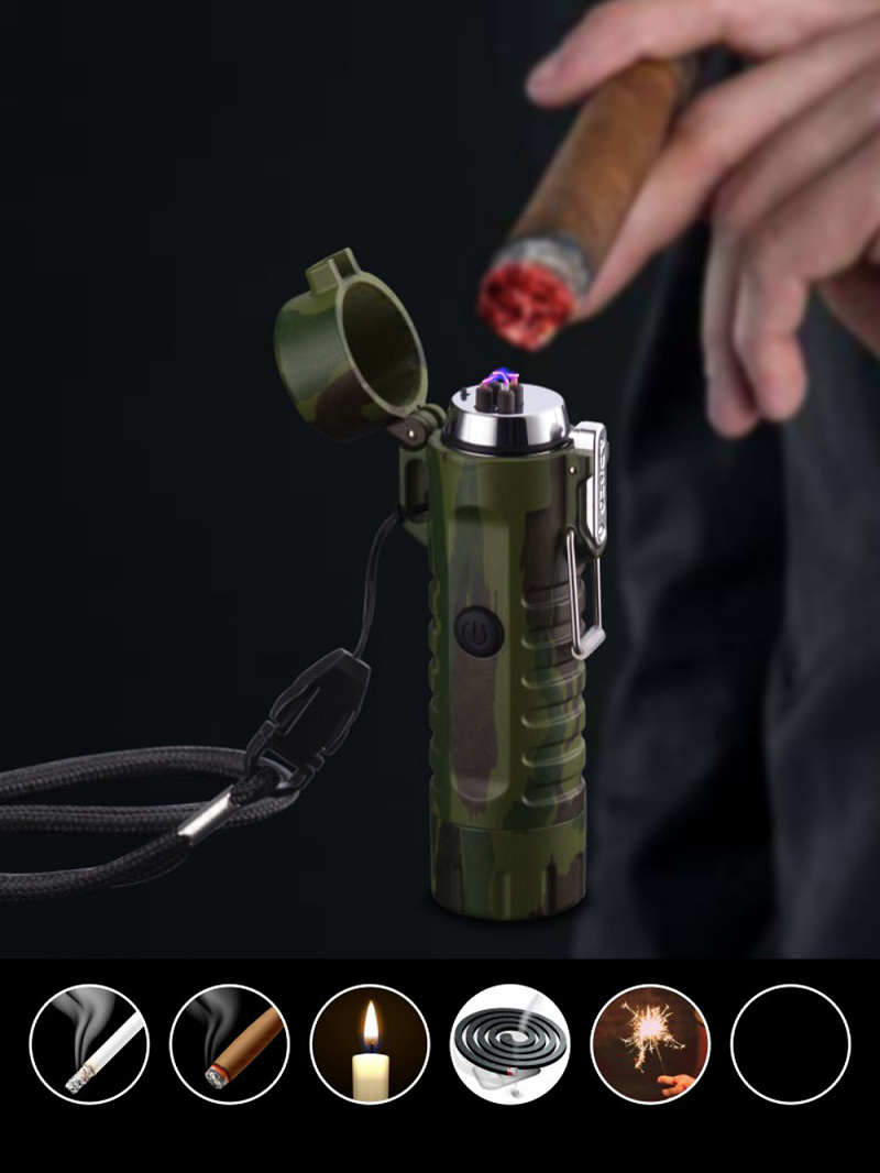 Camping Waterproof Dual Arc Lighter USB Rechargeable Windproof Flameless Electric Cigarette Lighter with LED Flashlight