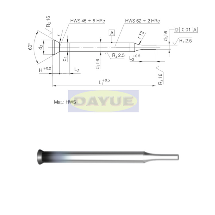 High precision straight punch with 30 degree head