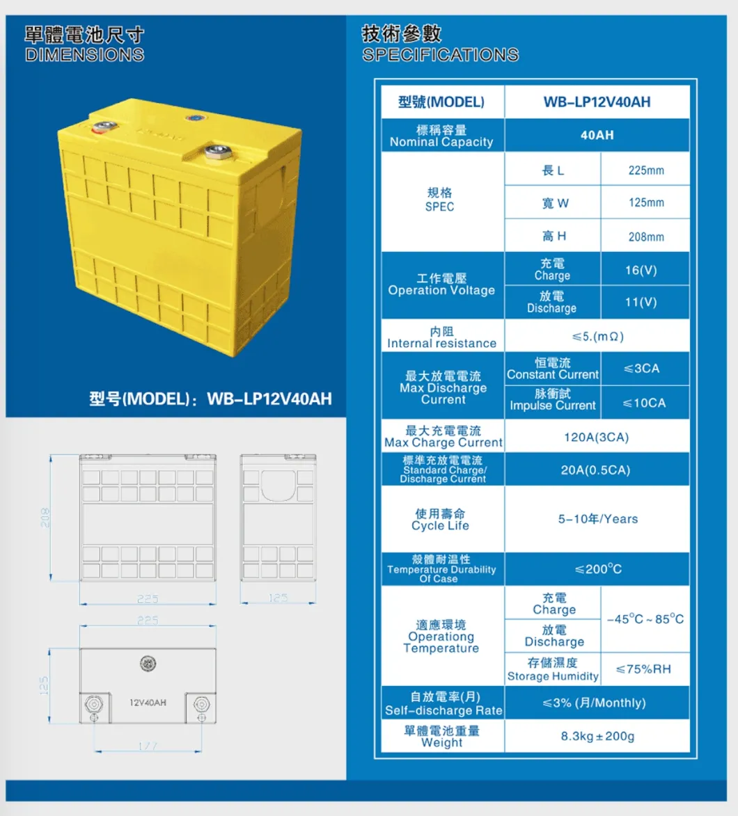 Thunder Sky Winston Battery 12V 40ah LiFePO4 for Energy Storage Staring Power Battery