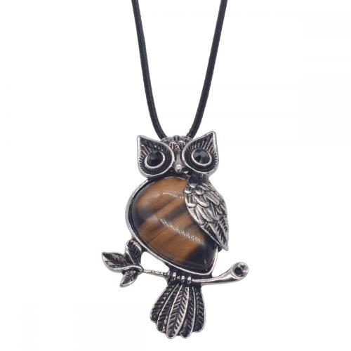 Natural Tiger Eye Alloy Owl Gemstone Pendant fow Women Jewelry Necklace