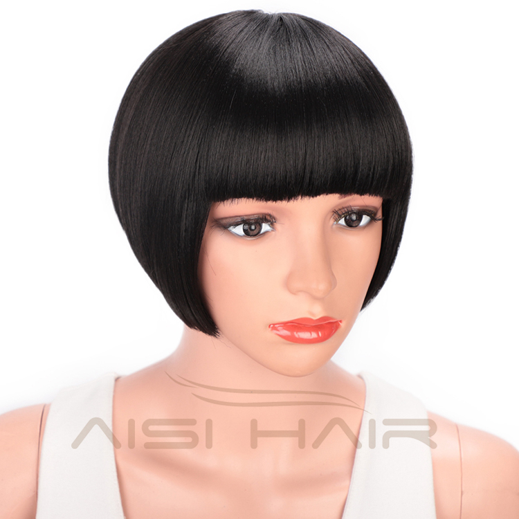 Natural Black Synthetic Short Bob Heat Resistant Synthetic Fiber Wigs Short Bob Wigs With Bangs for Women