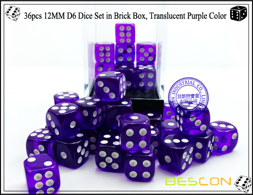36pcs 12MM D6 Würfel gesetzt im Ziegelstein-Kasten, luftdurchlässige purpurrote Farbe-4 36pcs 12MM D6 Dice Set in Brick Box, Translucent Purple Color-4
