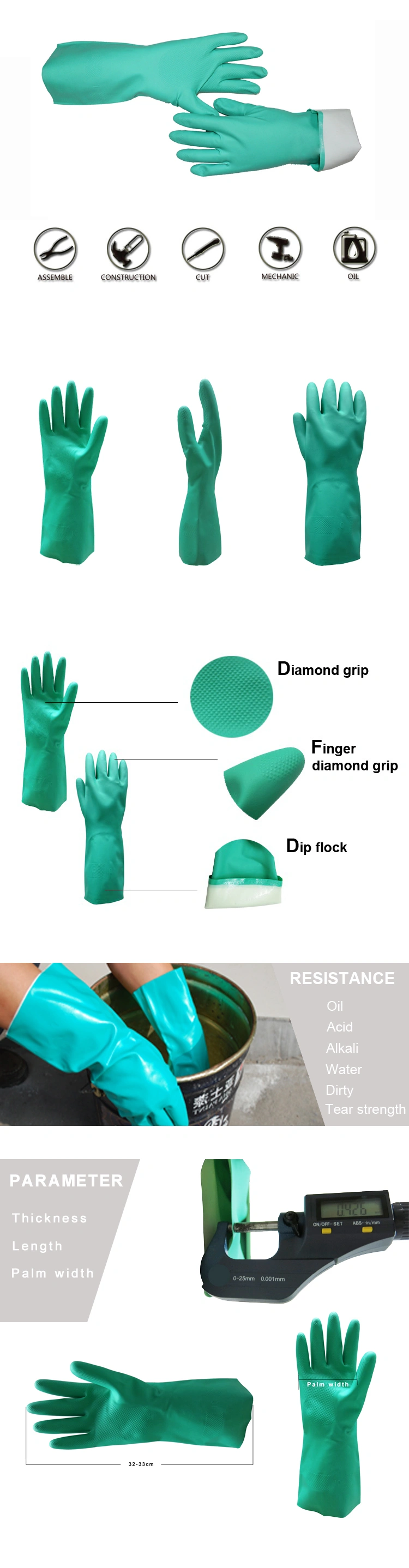 Chemical Proof Green Nitrile Work Protective Gloves