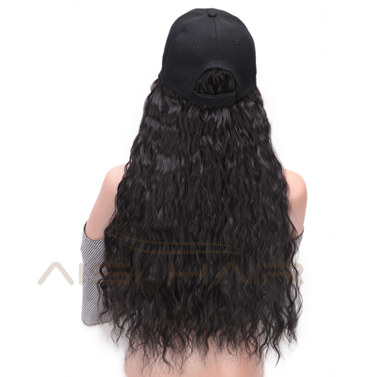 Aisi Hair Baseball Hat with Water Wave Hair Extensions Black Hat with Long Synthetic Hair Extensions for Girls Easy to Wear