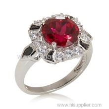 Ruby With Black Baguette And Pave Sterling Silver Frame Ring?