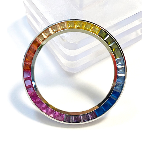 Stainless steel watch bezel in Rainbow baguettes