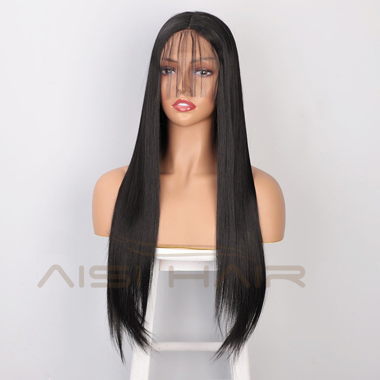 Aisi Hair Long Natural Straight Black Wig With Baby Hair Bangs Swiss Lace Wig Synthetic Lace Frontal Hair Wigs For Black Women