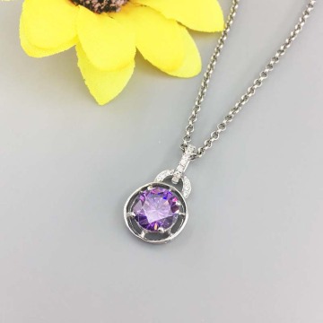 Sterling Silver Round Amethyst Pendant 925 Silver Chain
