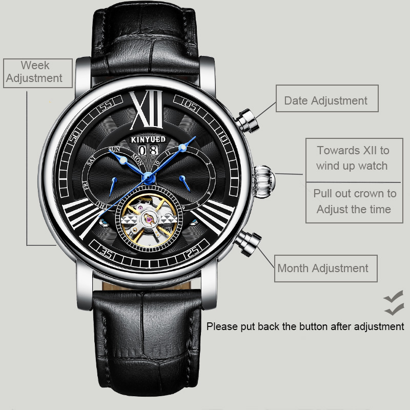 Kinyued J023 Fashion Leather Automatic Man Watches Tourbillon Calendar Chronograph Mechanical Watch