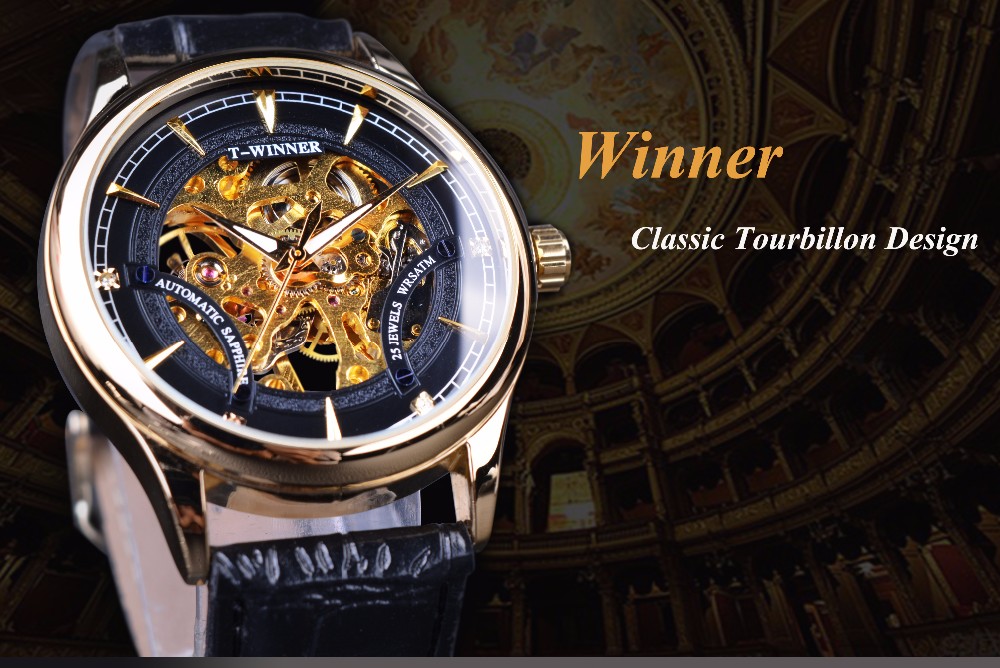 Fashion Black Golden Star Luxury Design Clock WINNER Mens Watch Top Brand Luxury Mechanical Skeleton Watch Relogio Masculino