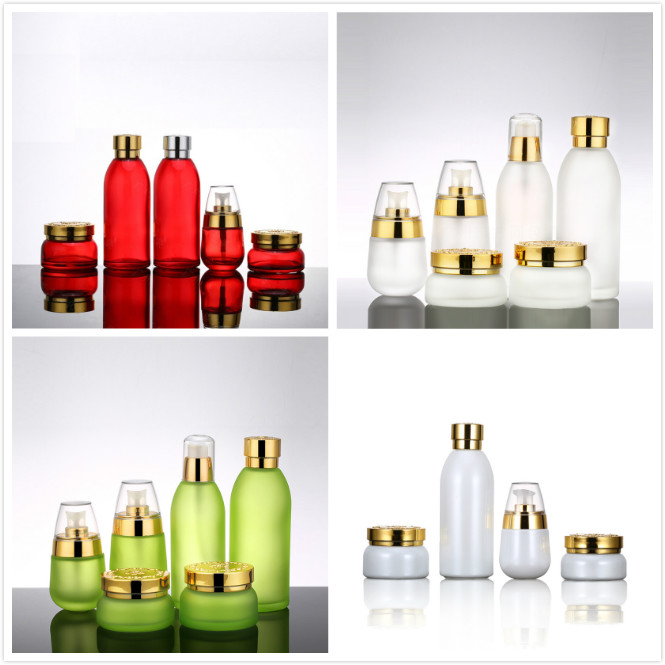 Golden carved ABS cap glass cosmetic bottles